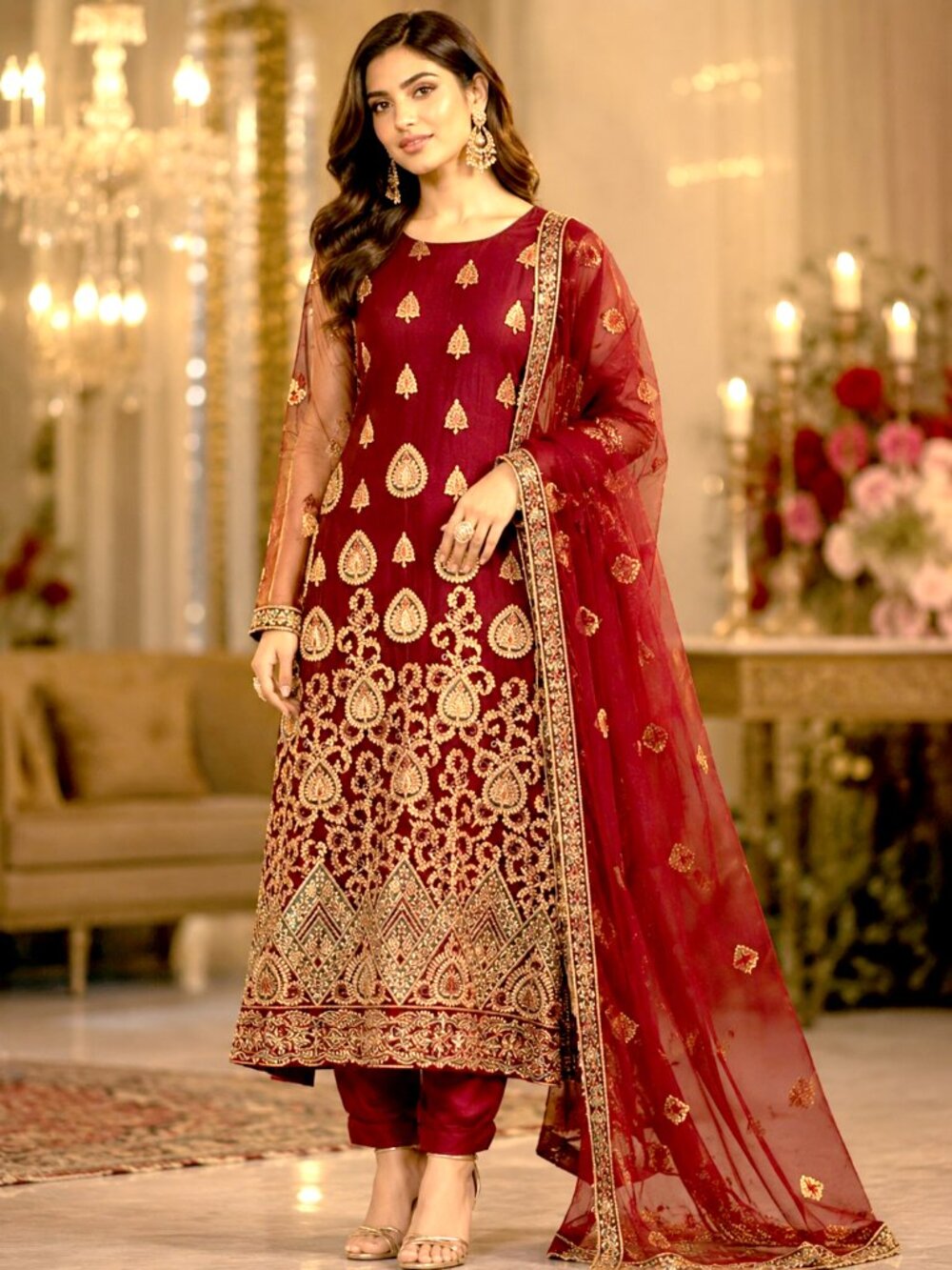 Indian Pakistani Dress NEW Size XS Red Embroidered Embellished Bridal Formal